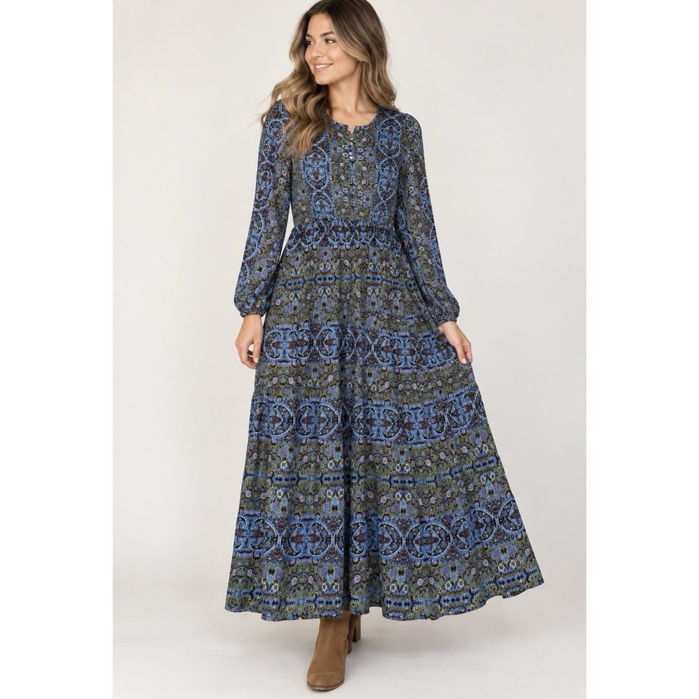 Earthbound Trading Womens Maxi Dress Tiered Blue Gray Green Paisley Boho Size L